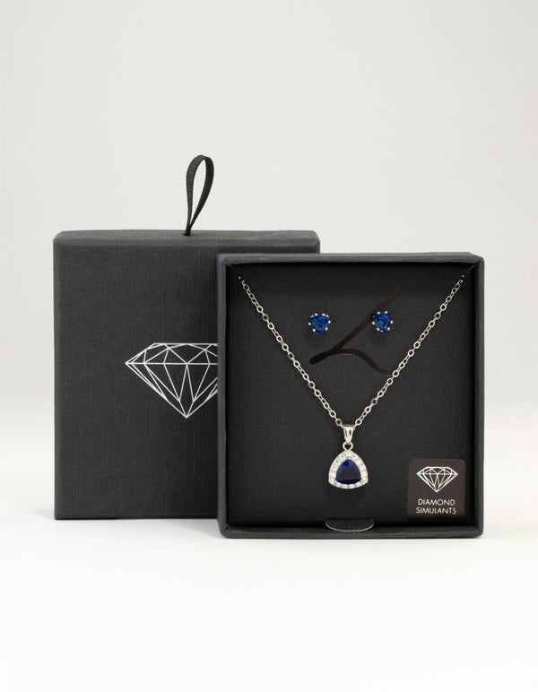 Silver Blue Cubic Zirconia Blue Pendant Necklace & Earrings Set