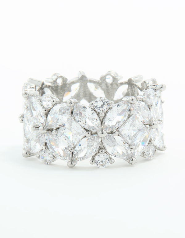 Silver Plated Cubic Zirconia Floral Wide Band Ring