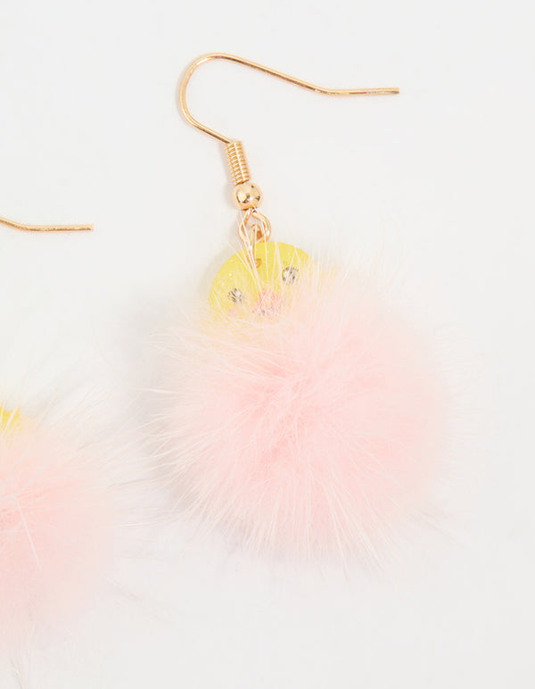 Kids Pink Pompom Chick Drop Earrings