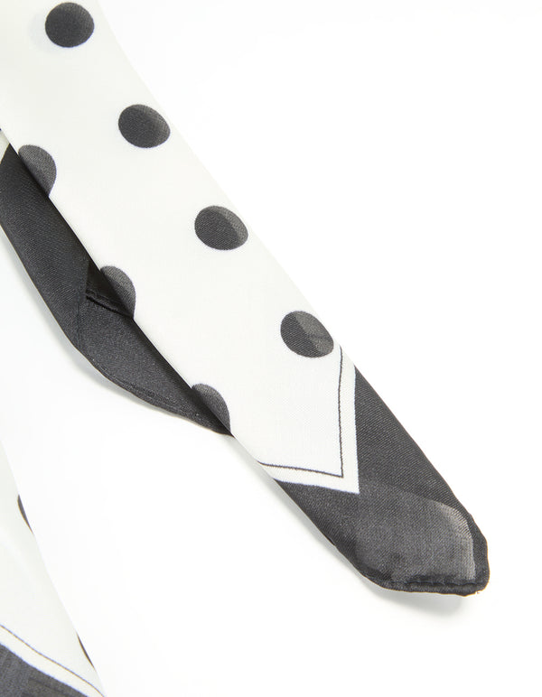 Featuring polka dot print fabric scarf with in ivory, black and dimgrey detail view