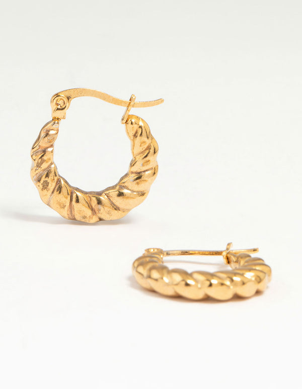 Waterproof Gold Plated Stainless Steel Textured Crescent Hoop Earrings