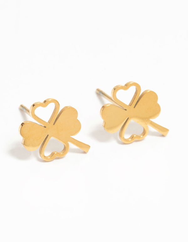Waterproof Gold Plated Stainless Steel Heart Clover Stud Earrings