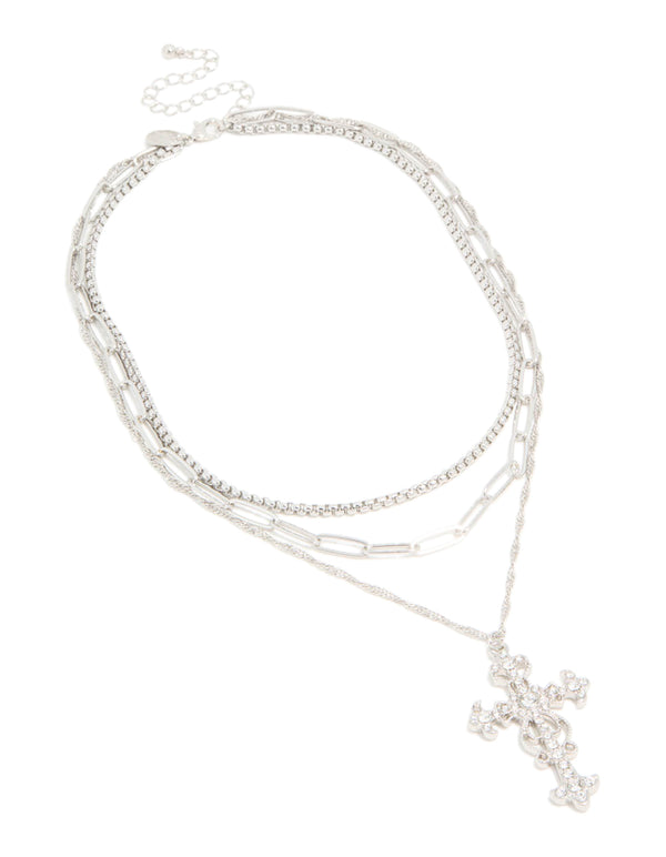 Presenting a silver diamante cross layered necklace with cubic zirconia front view
