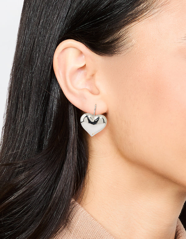 Silver Puffy Heart Huggie Earrings