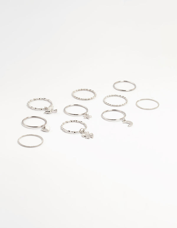 Silver Charm & Twisted Stacking Rings 10-Pack