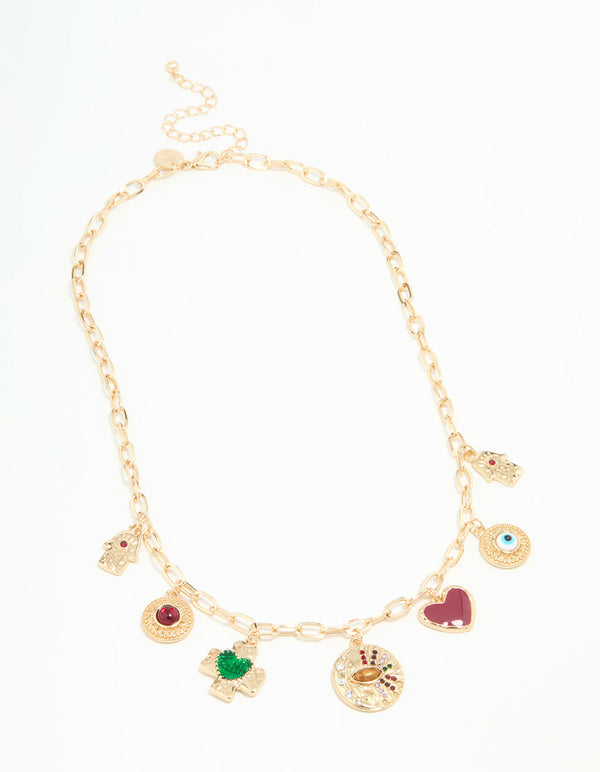 Gold Evil Eye & Hamsa Hand Charm Necklace
