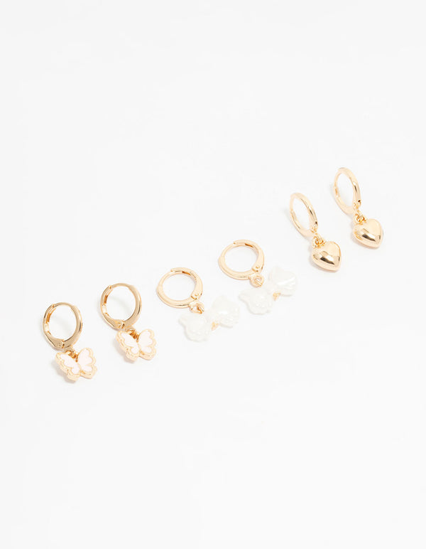 Kids Gold Bow & Heart Huggie Earrings 3-Pack