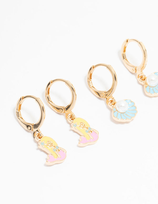 Kids Gold Pastel Mermaid & Shell Huggie Earrings 3-Pack