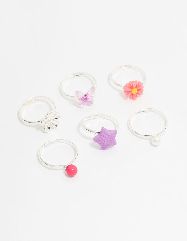 Kids Silver Pearl & Ombre Butterfly Fashion Rings 6-Pack