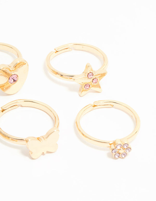 Kids Gold Diamante Butterfly Crown & Heart Fashion Rings 6-Pack