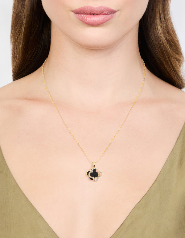 Gold Plated Diamante Outline Black Flower Pendant Necklace