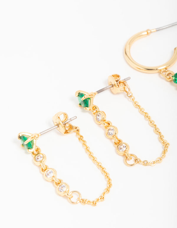 Gold Plated Green Cubic Zirconia Stud & Chain Huggie Earrings 2-Pack