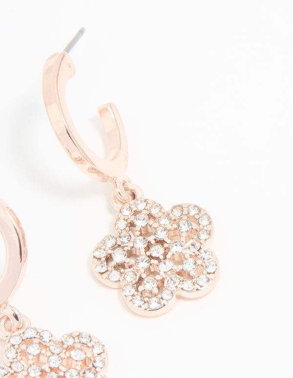 Rose Gold Diamante Flower Drop Earrings