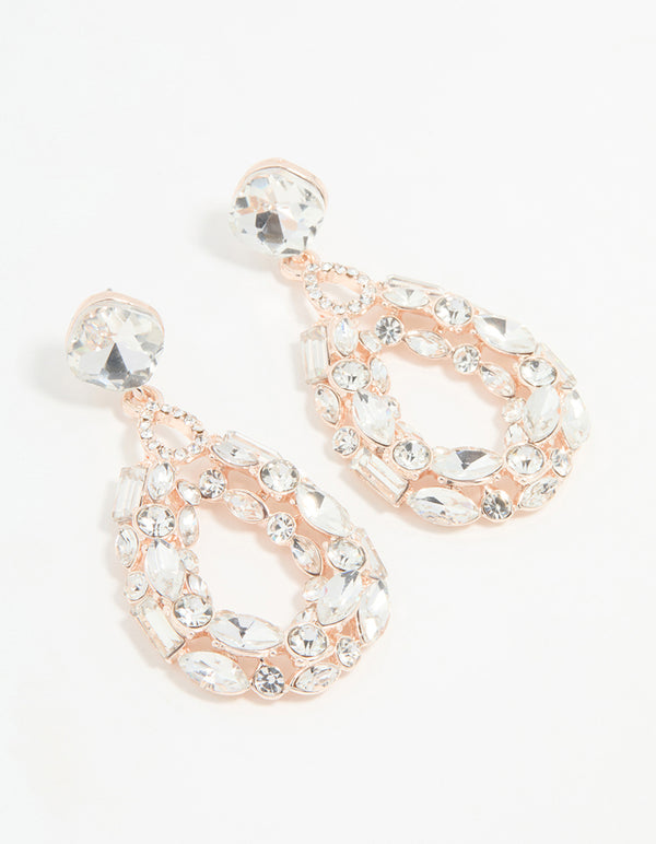 Rose Gold Diamante Hollow Oval Drop Earrings