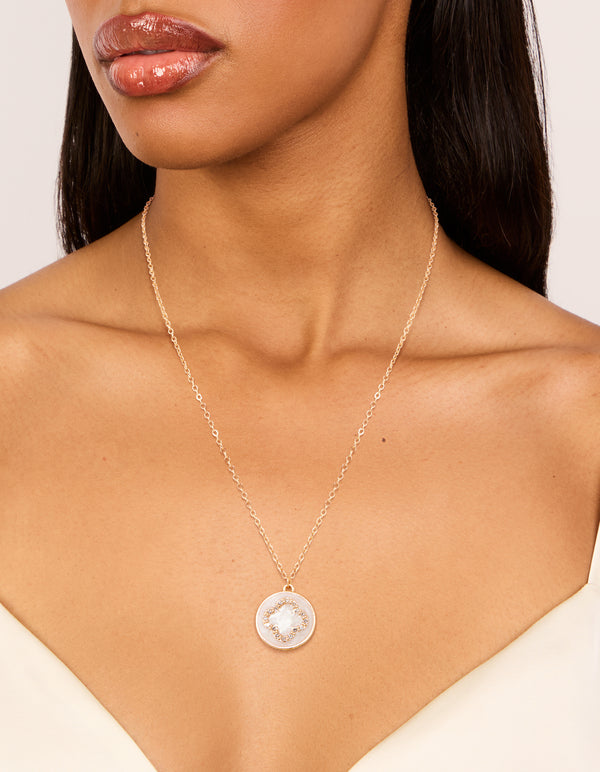 Gold Cubic Zirconia Flower Coin Pendant Necklace