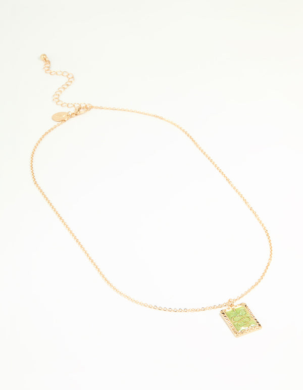 Gold Green Snake Square Pendant Necklace