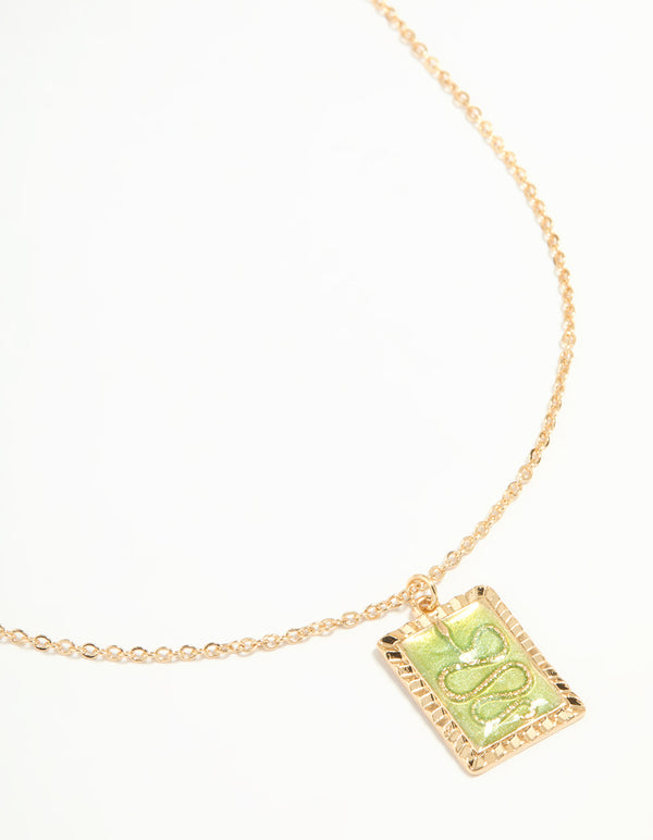 Gold Green Snake Square Pendant Necklace