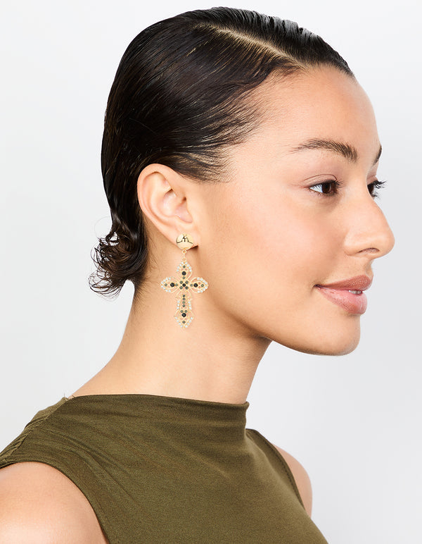 Gold Black Diamante Cross Drop Earrings