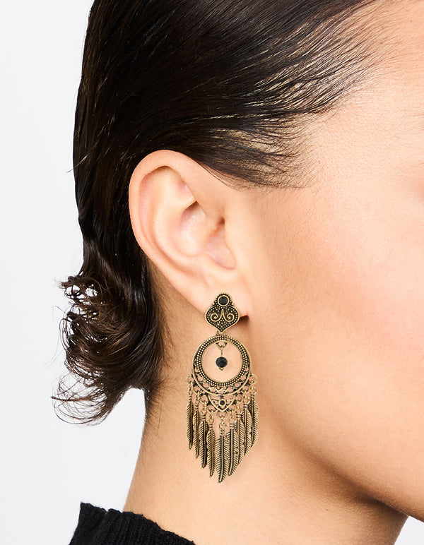 Antique Gold Black Patterned Dreamcatcher Tassel Drop Earrings