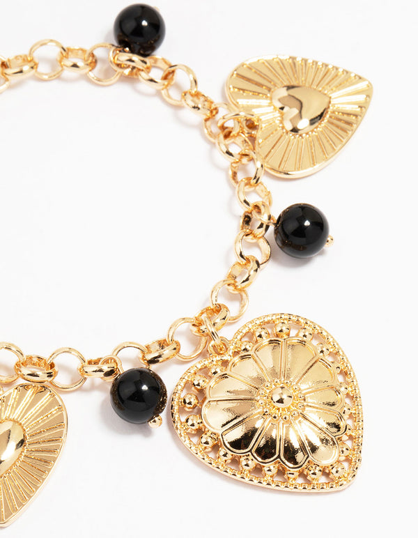 Gold Black Beaded Heart Charm Bracelet