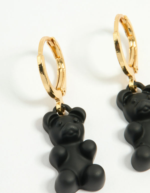 Gold Plated Black Gummy Bear Drop Earrings