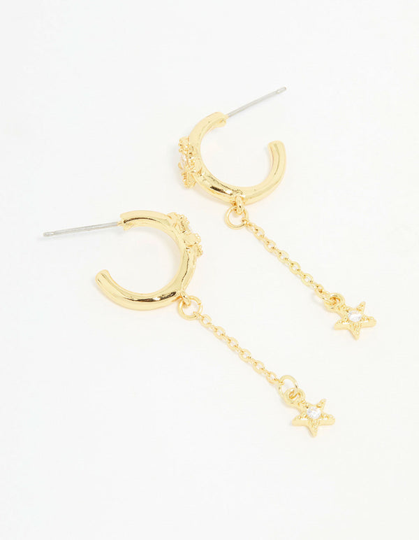 Gold Cubic Zirconia Star Chain Drop Earrings
