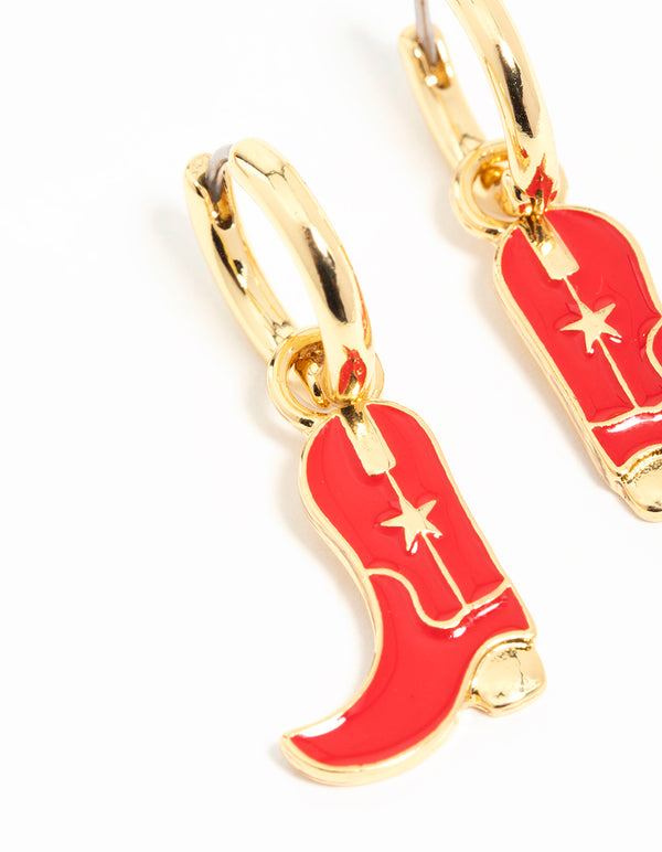 Gold Red Enamel Cowboy Boot Drop Earrings