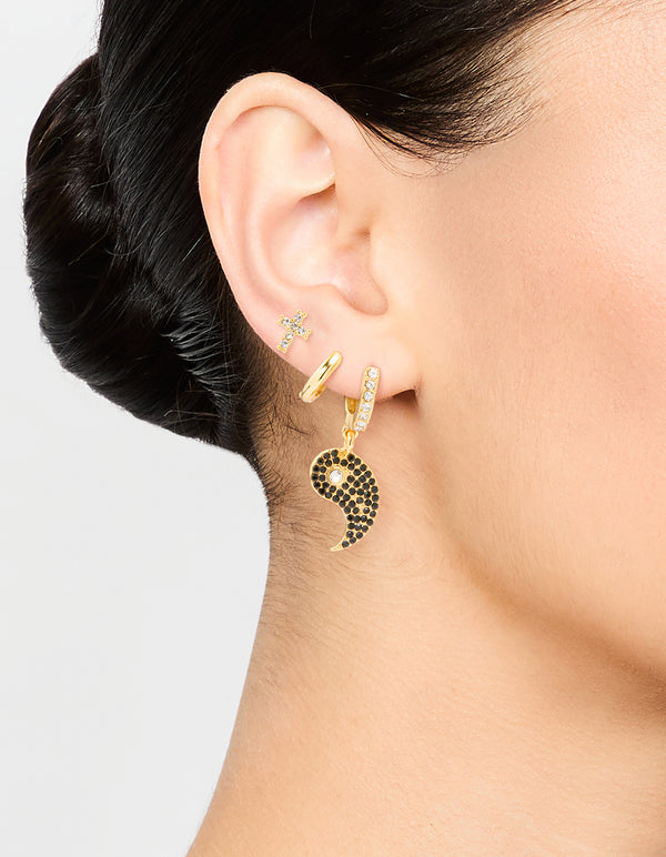 Gold Plated Cubic Zirconia Yin Yang Earrings 3-Pack
