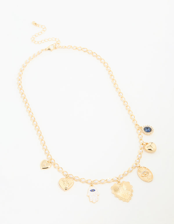 Gold Evil Eye & Heart Charm Necklace