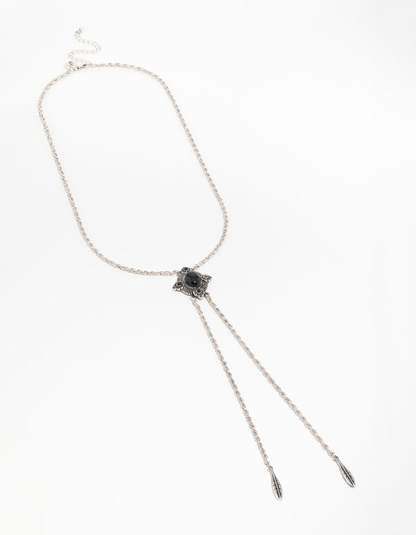 Silver Textured Black Stone Rhombus Y-Necklace