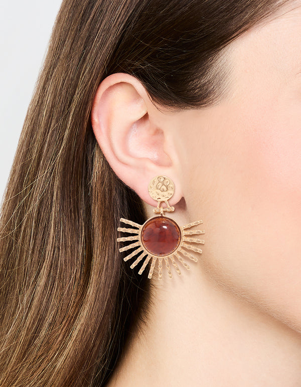 Gold & Brown Stone Circular Fan Drop Earrings