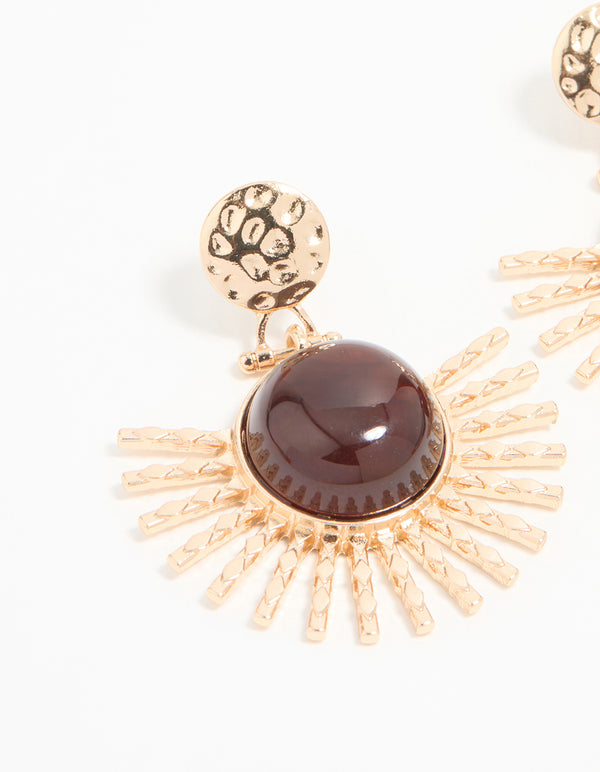 Gold & Brown Stone Circular Fan Drop Earrings