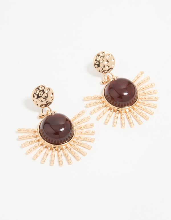 Gold & Brown Stone Circular Fan Drop Earrings