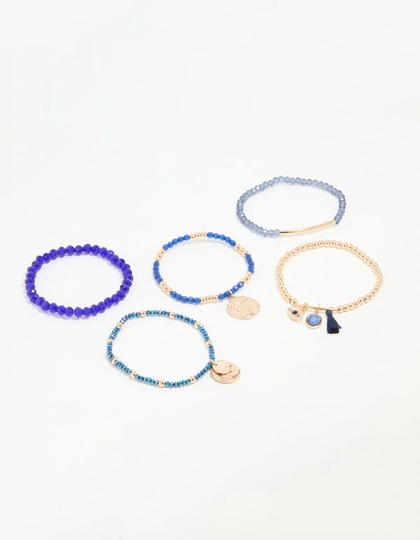 Gold Blue Beaded Stretch Bracelets 5-Pack