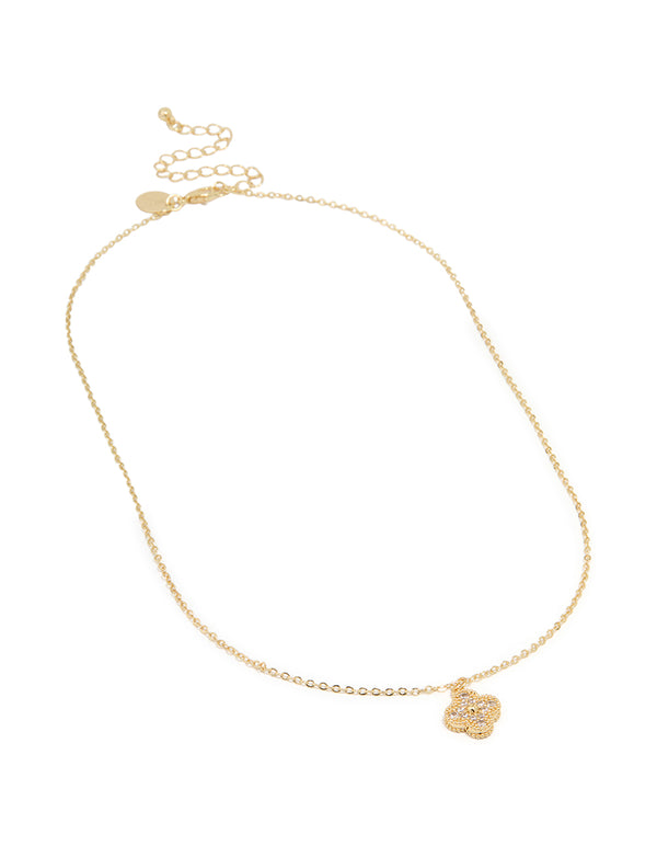 Gold Plated Brass Cubic Zirconia Flower Pendant Necklace