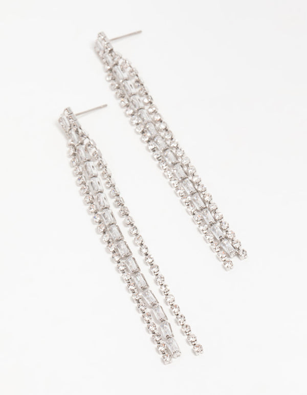 Silver Diamante Baguette Cupchain Drop Earrings