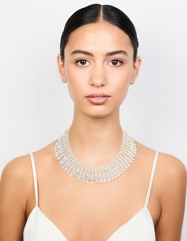 Silver Diamante Fan Cupchain Bib Necklace