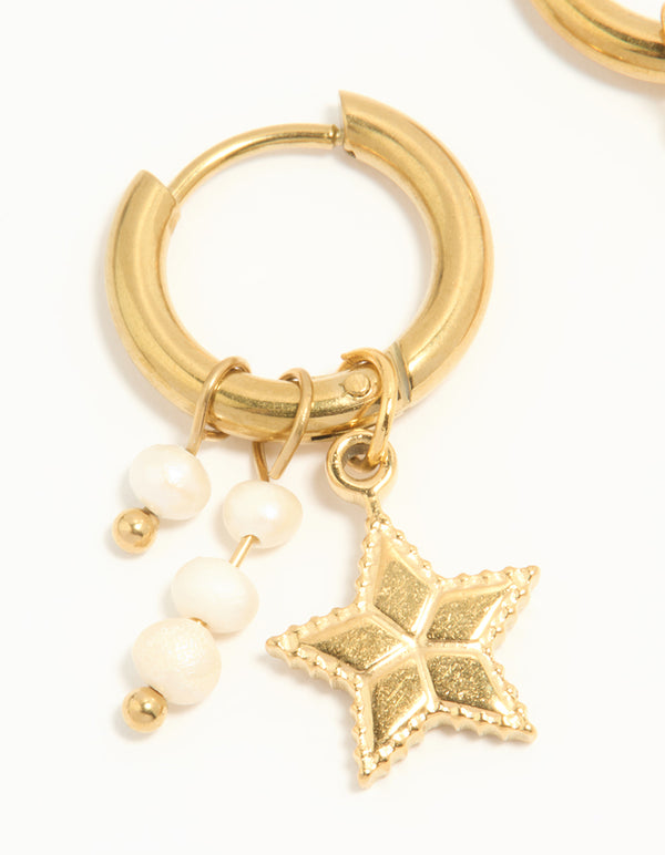 Waterproof Gold Plated Stainless Steel Pearl Star Huggie Earrings