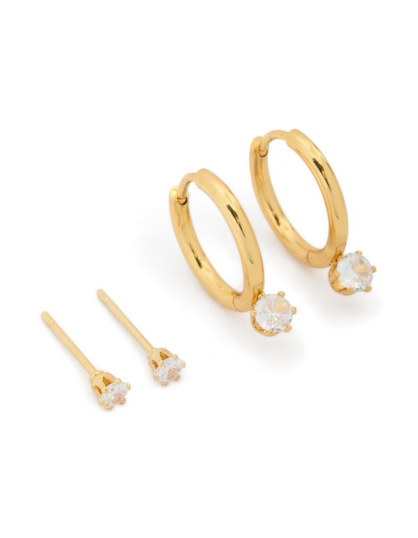Discover the elegance of dainty waterproof gold plated cubic zirconia stainless steel mini earrings in a 2-pack front view