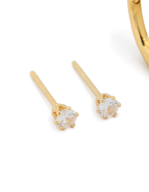 Crafted from waterproof stainless steel, these dainty gold plated cubic zirconia mini earrings in a 2-pack present close up view