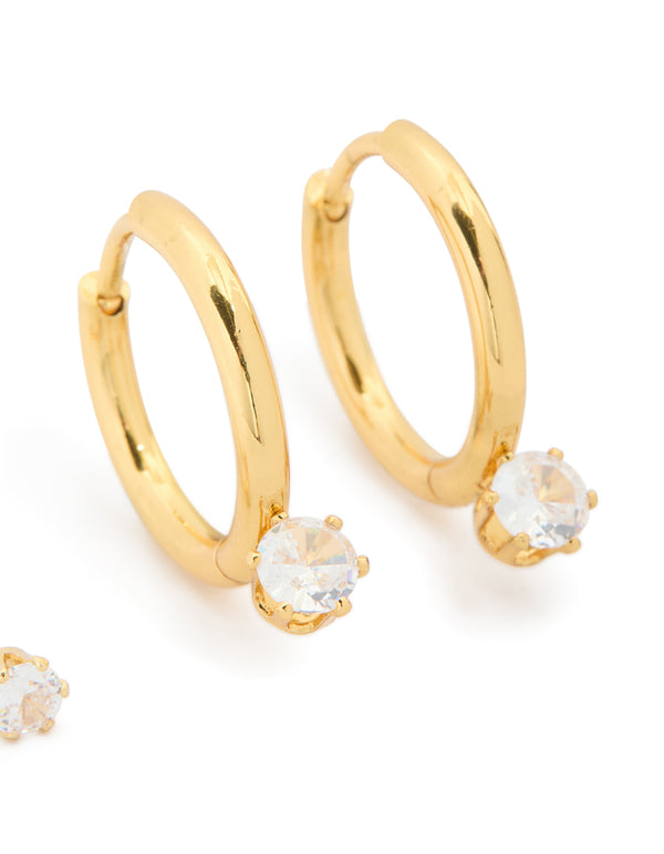 Discover the elegance of dainty waterproof gold plated cubic zirconia stainless steel mini earrings in a 2-pack front view