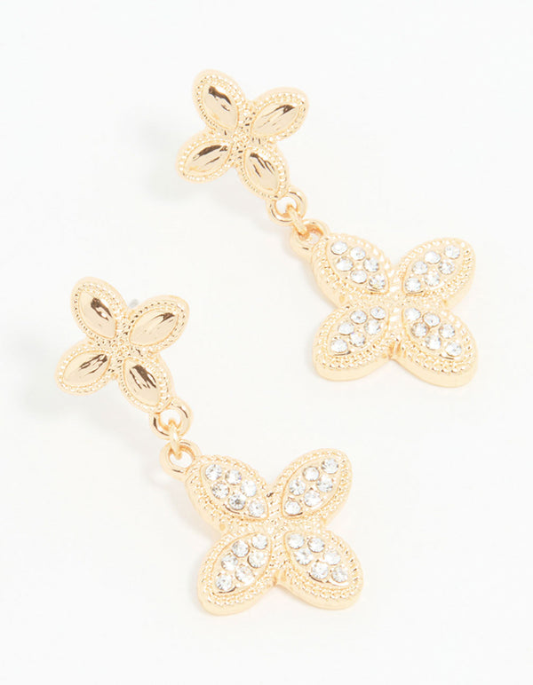 Gold Diamante Double Flower Drop Earrings