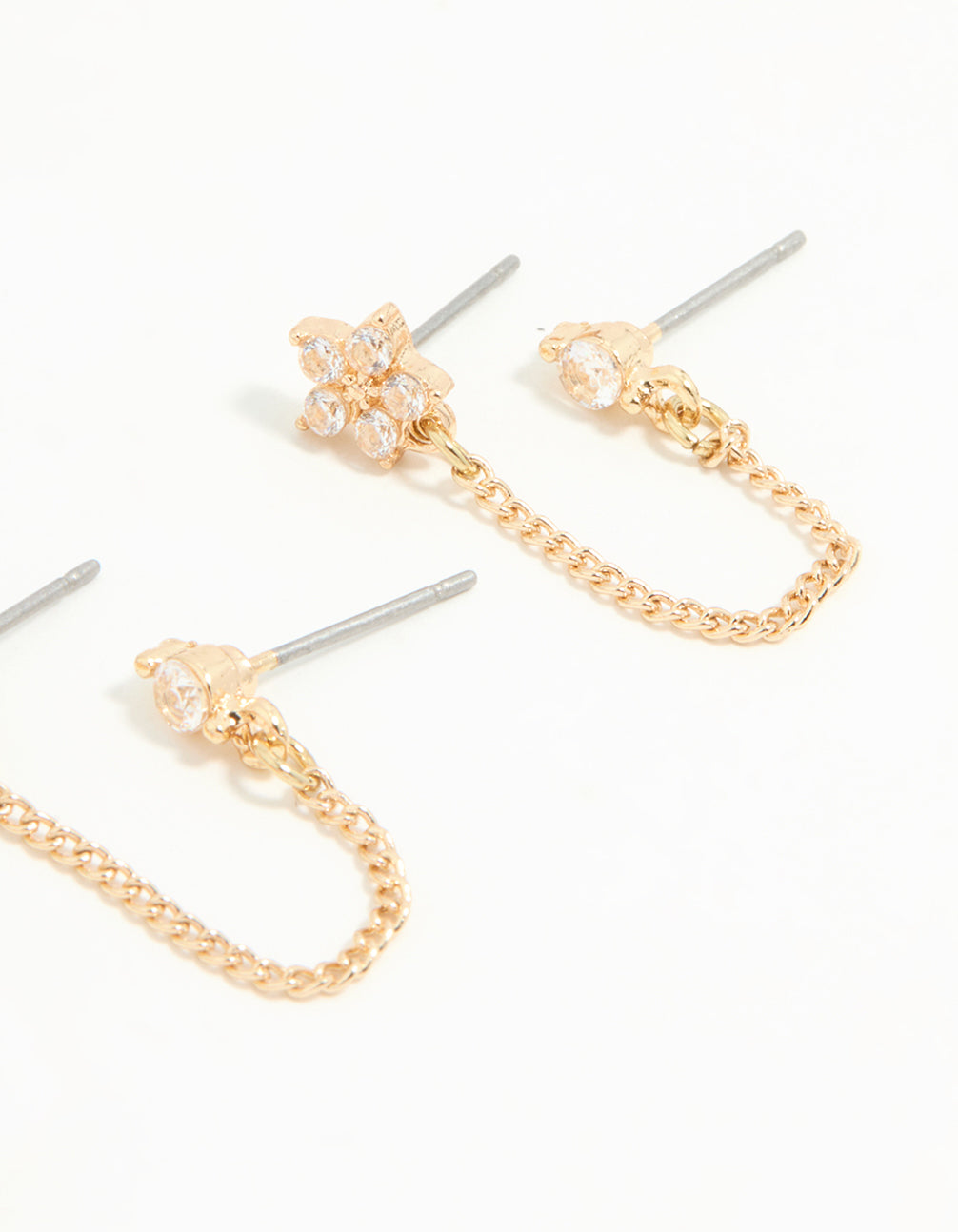Gold Cubic Zirconia Chain & Flower Huggie Earrings 2-Pack