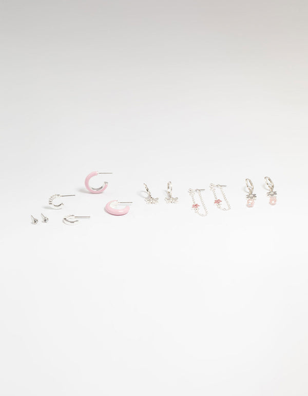 Silver Flower & Butterfly Mixed Earring Stack 6-Pack