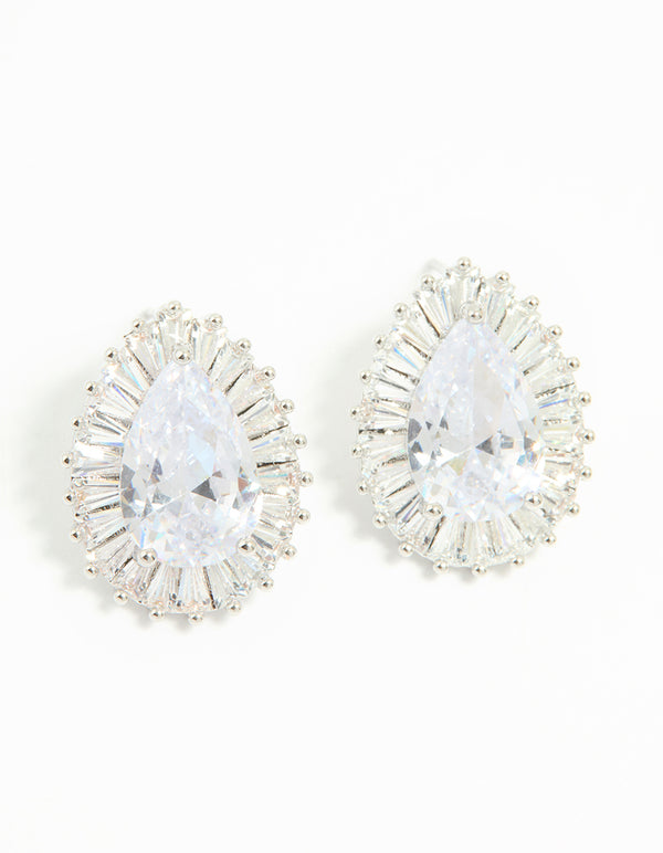 Silver Cubic Zirconia Pear Statement Stud Earrings