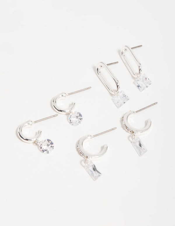 Silver Cubic Zirconia Mixed Shape Drop Earrings 3-Pack