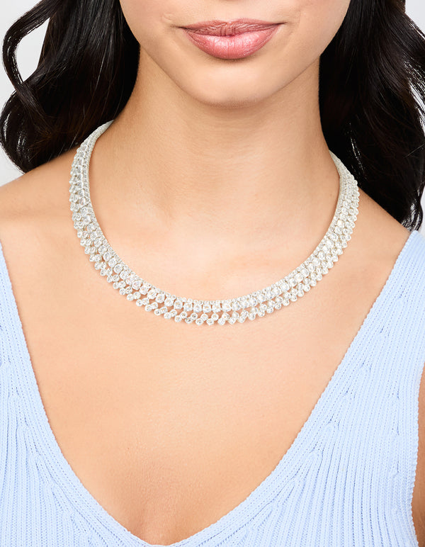 Silver Cubic Zirconia Short Layered Necklace