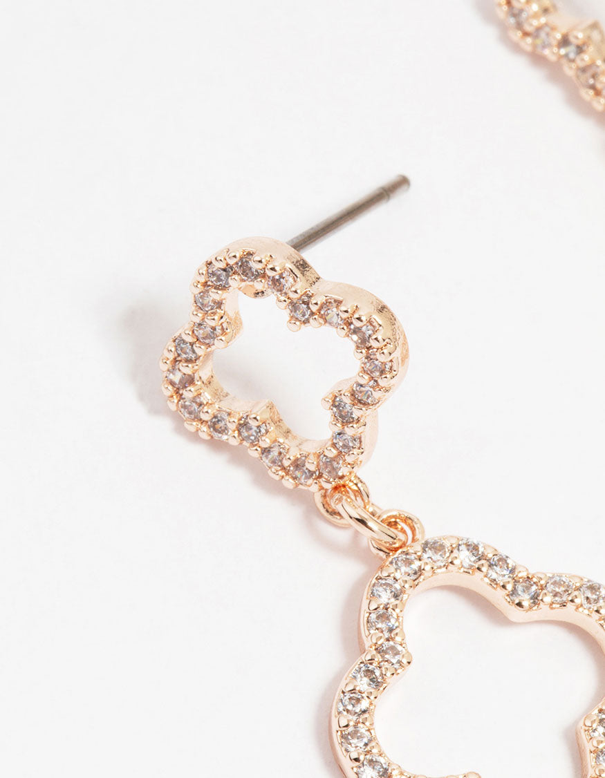 Rose Gold Plated Cubic Zirconia Double Flower Drop Earrings