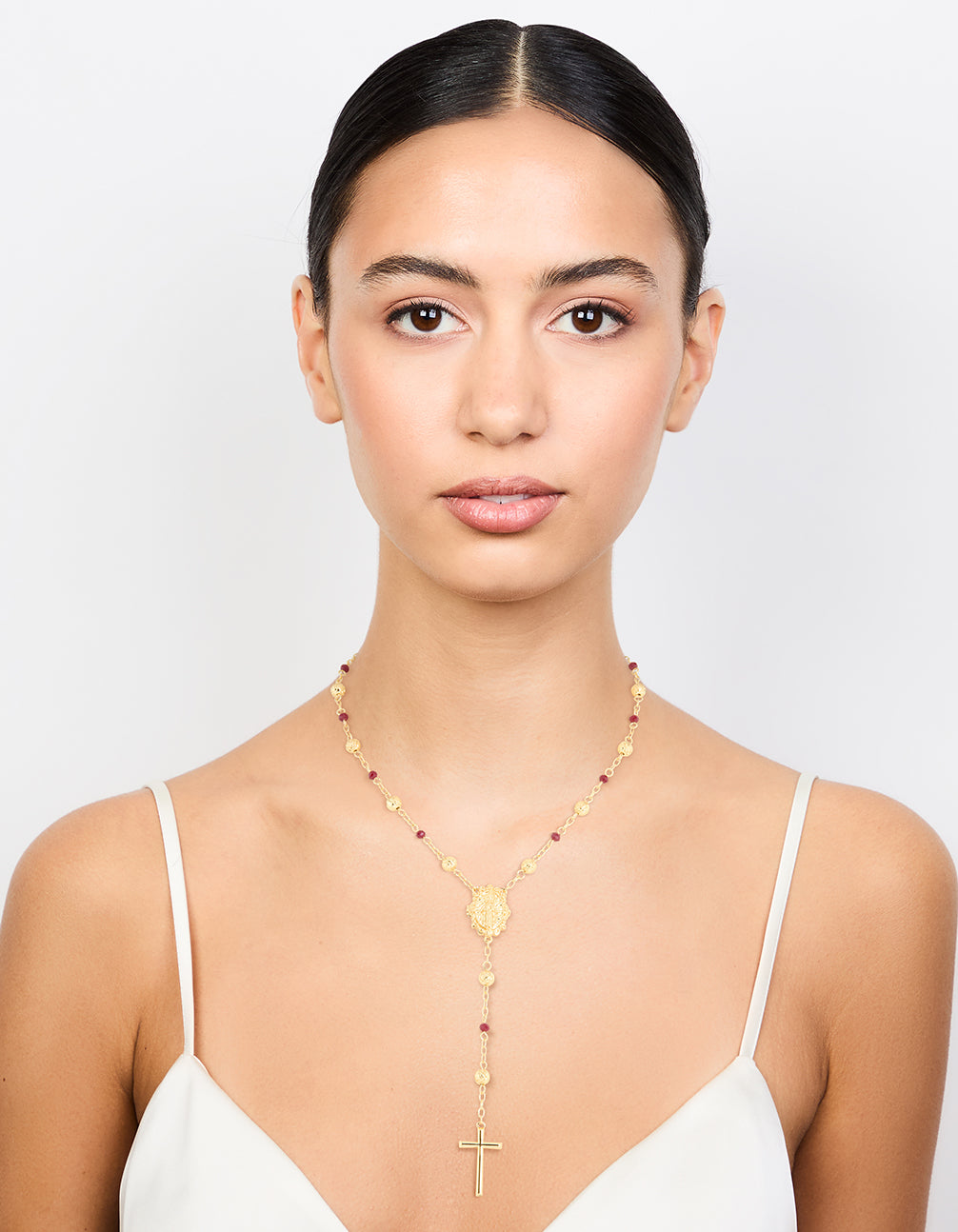 Gold Plated Rose Beaded Locket Cross Y-Necklace