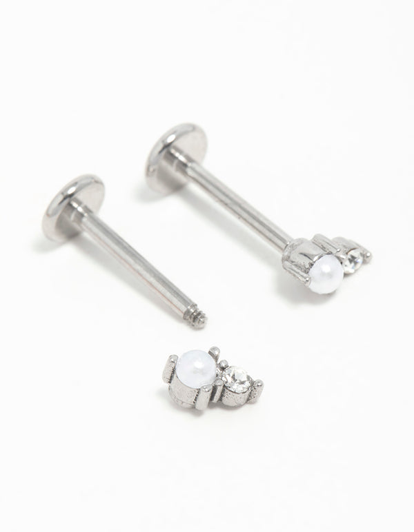 Surgical Steel Pearl Diamante Flat Back Earrings